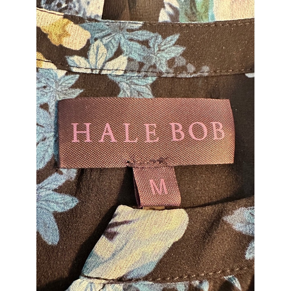 Hale Bob Silk Blouse Top Size M Black Blue Floral Snakeskin Beaded V-Neck Boho - Picture 9 of 11